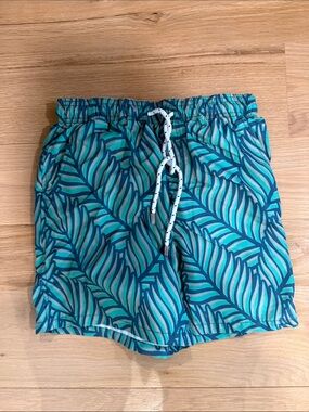 Southern Marsh Kids Swim Trunks Teal & Navy Leaf Print